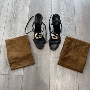Gucci Black Strappy Heels with Gold Accents